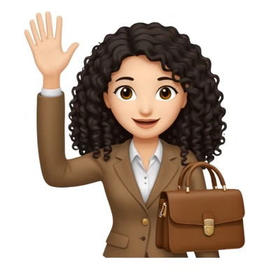 medium deep tan brown business woman with long black curly hair, waving hand with happy face and holding a close laptop and carrying a bag on her dhoulder sticker