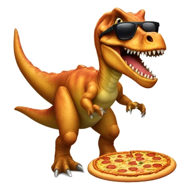 Surfing dinosaur wearing sunglasses eating a pizza sticker