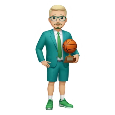 Full Body white male plus size body type  wearing glasses with a goatee with light blonde gray very short hair basketball head Coach in blue and green suit holding trophy sticker