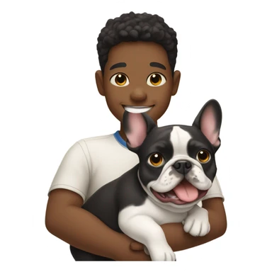 boy hugging French bulldog with smile sticker