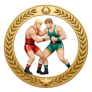 An icon symbolizing wrestling combat sports in the style of an emblem. The design features two wrestlers locked in a powerful grapple, one attempting to take the other down. Surrounding the scene are stylized elements like a championship belt, wrestling mat, and a laurel wreath.  sticker