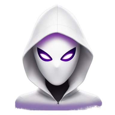 Android Spider-Gwen with a sleek, minimalist design, featuring a white mask and large purple eye shapes in an emoji-like style. She wears a high-tech suit with subtle web patterns on her arms, and a glowing hood resembling her iconic look sticker