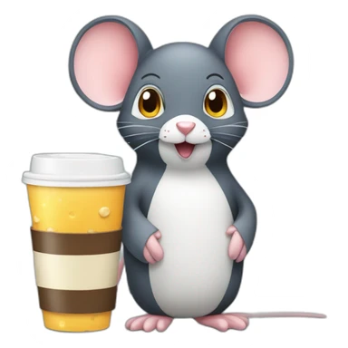 Mouse with penguin drink coffee eat cheese sticker