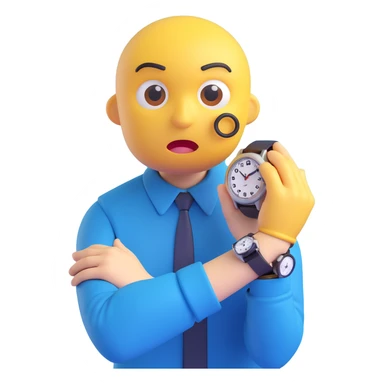 A yellow emoji face with a worried expression, looking at a wristwatch with raised eyebrows, showing urgency and stress sticker