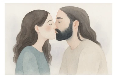watercolor style of a couple: white woman with long dark brown wavy hair and white man with long hair and black beard kissing, soft atmosphere sticker