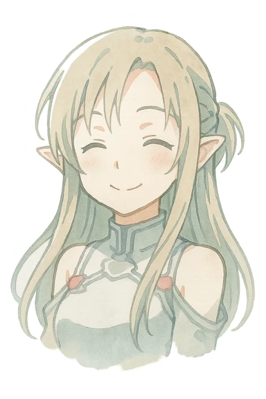 Sticker of Asuna from Sword Art Online in watercolor art style, happy expression, transparent background, inspired by the reference image. sticker