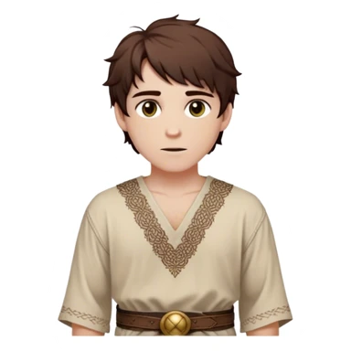 Medieval spring outfit worn by a DnD themed fantasy male character. Sand-colored cotton tunic featuring intricate knotwork patterns at the hem, cinched with a soft leather belt with brass details. Clothes only above the waist, full waist coverage. The character has no arms. Character is white-skinned with dark auburn hair, hazel eyes, and short messy hair with subtle waves. sticker