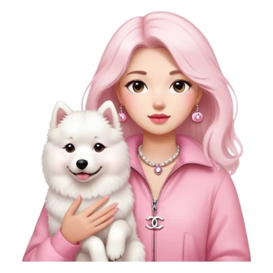 girl in pink Chanel-style outfit with white Samoyed dog sticker