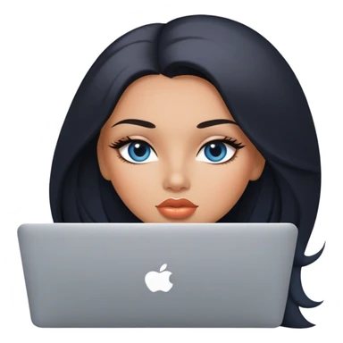 Glamours, tanned, very beautiful girl, with big pump peach lips, black straight smooth silky long hair, straight parting, blue-grey eyes, holding MacBook sticker