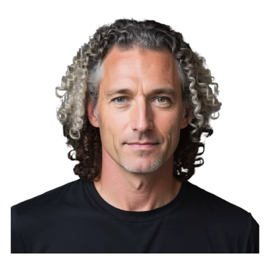 white man in his 40s, long tight curly hair with short sides sticker