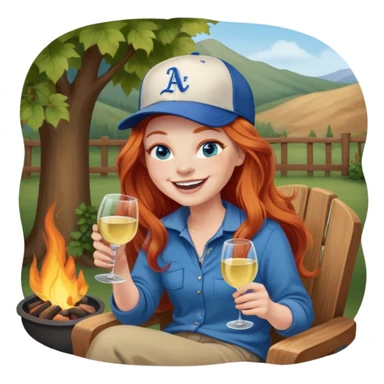 Laughing redhead with long hair and blue eyes wearing baseball cap holding white wine sitting in chair beside fire pit sticker