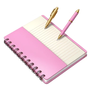 Notebook, gold and pink and white. angled view. with pen sticker