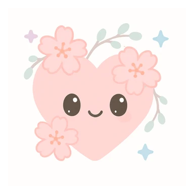 heart with sakura flowers and silver accents, kawaii style sticker