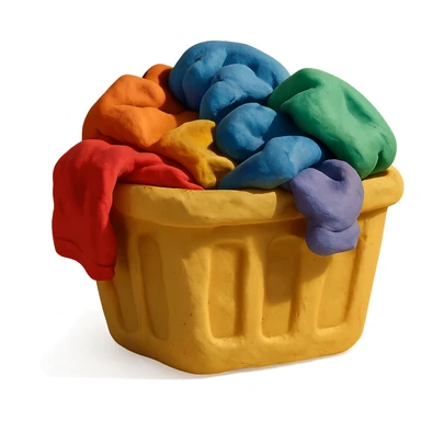 laundry basket filled with colorful clothes, visible fingerprints, soft lighting, claymation style sticker