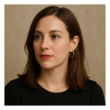 30 year old white woman, shoulder-length hair, brown eyes, left side of hair tucked behind ear, lipstick, hoop earrings, looking to the side, upper body portrait sticker