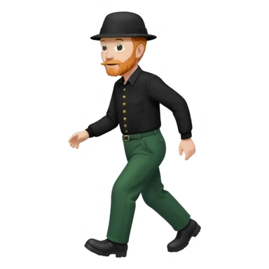 גבר זקן ג'ינג'י מלא כובע שחור הפוך חולמה שחורה ומכנסיים ירוקות ארוכות מבצע צעידה במקום  sticker