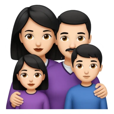 A family consisting of 1 mom with black black wavy hair , 1 girl with black buzz cut hair and 1 girl medium skin tone and black long hair , 1 white man with black hair and short mustache  sticker