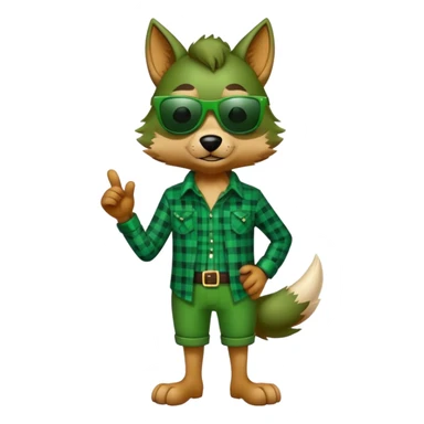 full-body friendly anthropomorphised wolf in green plaid shirt and green attire for St. Patrick's Day, wearing dark sunglasses, festive pose sticker