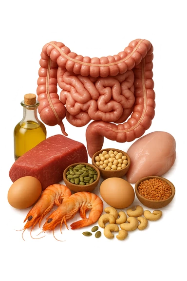 carne, uova, semi oleosi, legumi, crostacei insieme ad INTESTINO umanO realisticO, iperrealistici 4k sticker