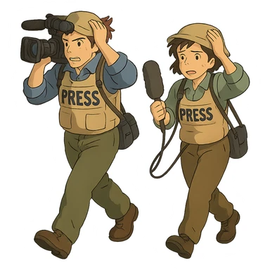  walking from left to right across frame: a cameraman, and a microphone operator, ONLY two people, war correspondents, tense moment, BOTH HOLDING ONTO THEIR HAT! sticker