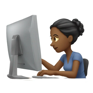woman hunched over desk with computer sticker