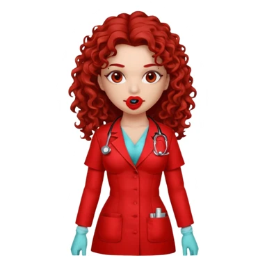Sensual Spanish Lilith core evil surgeon.red outfit.  Surgeon has red eyes. Her hair is BROWN. Hair is also  long and  curly. wearing a sexy surgeon outfit with platform heels.she is a calculated smart cereal killer. She covers only her mouth and nose to hide identity  sticker