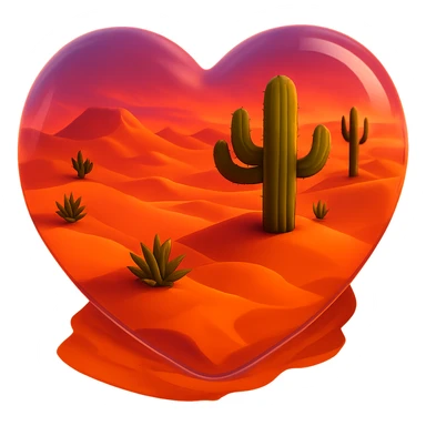 Add a vivid sunset sky inside the transparent glass heart, featuring warm orange and pink hues above the desert scene. Maintain the glass effect and ensure no background is present. sticker