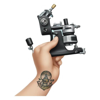 a hand holding a tattoo machine sticker
