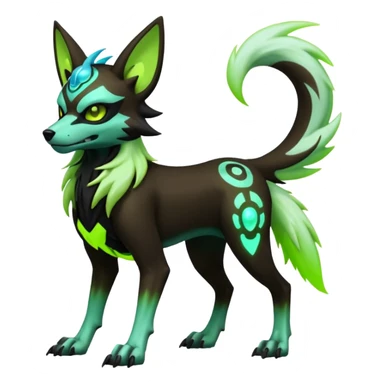 Hyper realistic demonic skeletal black and neon green futuristic shiny colorful bioluminescent cyber-Poochyena-Lycanroc-Zorua-Litten-Houndoom-Fakémon-Pokémon-Digimon-hybrid-fusion (full body) with a skull face sticker