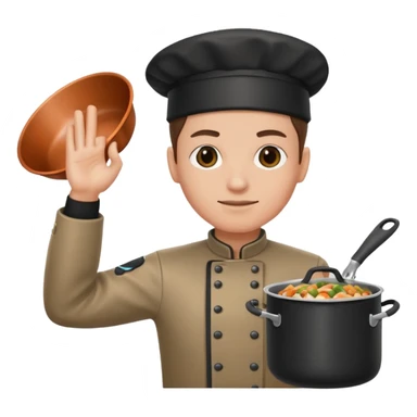 one hand needs to be saluting so right arm saluting , left arm holding cooking item sticker