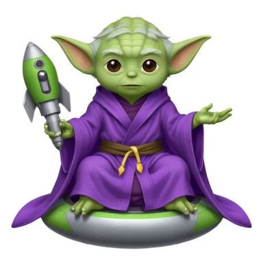 yoda in a purple robe siting in a rocket sticker