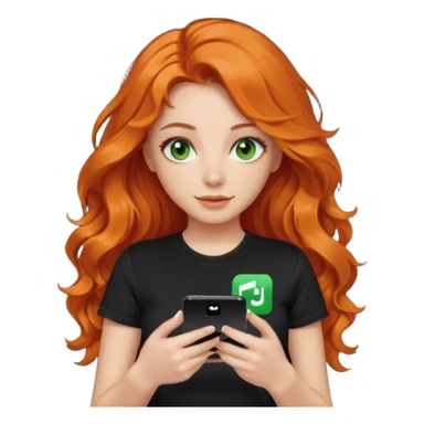 Girl with dark long orange wavy hair, green eyes, and black t-shirt and phone with tiktok app on hands sticker