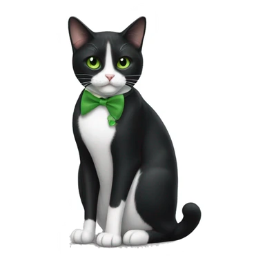 Tuxedo cat with green eyes eating a trest stick sticker