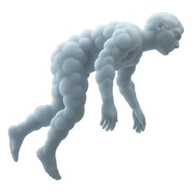 side view of unconscious person flying upwards by torso, legs and arms downwards, made of small very bright white fluffy convex clouds, matte glass style sticker