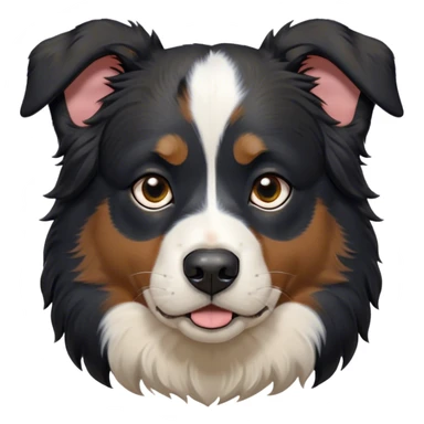 Cinematic Grumpy Black Tri Australian Shepherd Portrait Emoji, Head tilted slightly with a deeply unimpressed expression, thick black fur with bold white and tan markings, large, droopy dark eyes narrowed into an unamused glare, ears drooping in exasperation, Simplified yet comically expressive features, highly detailed, glowing with a dry, sarcastic glow, high shine, effortlessly judgmental yet dignified, stylized with a touch of cynicism, bright but brooding, soft glowing outline, capturing the essence of an eternally unimpressed yet endearing pup, so lifelike it feels like it could sigh heavily at you in disdain at any moment! sticker