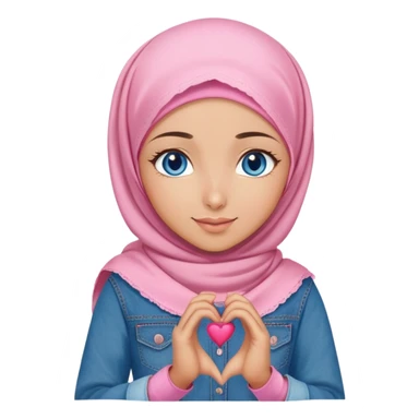 Turkish beautiful finish Konya girl blue eyes with denim and pink hijab islamic dress and making heart with hands and with thank you text sticker