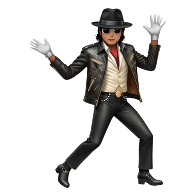 Icon of Michael Jackson as R&B legend: wearing a black fedora, sparkling glove, and leather jacket, striking a moonwalk pose. Background with musical notes and abstract patterns, capturing the energy and soul of R&B. Transparent background. sticker