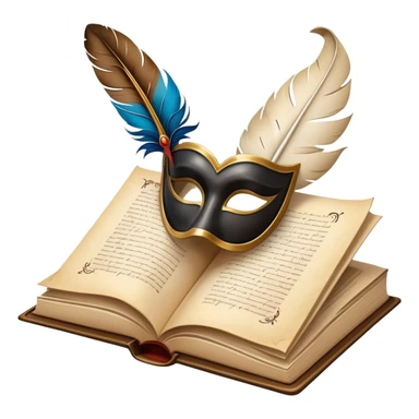 An icon featuring an open book with flowing pages, a feather quill, and classic literary symbols like a theater mask and inkwell. The design includes a subtle parchment background with faint text lines, symbolizing the study of literature. Transparent background emphasizes creativity and analysis. sticker