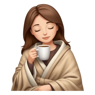 Relaxed woman with brown hair in blanket holding coffee cup with closed eyes sticker