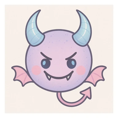 devil emoji, chibi style, pastel palette with baby blue and pink colors, elegant horns, sinister smile sticker