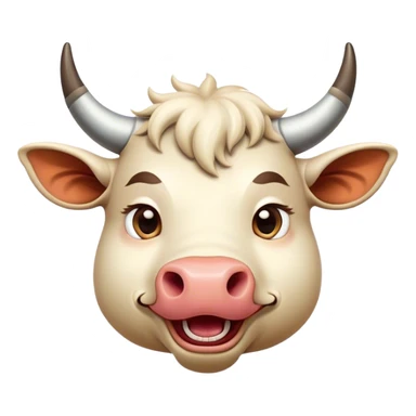 Cinematic Comical Domestic Ox Portrait Emoji, Head tilted dramatically with an exaggeratedly amused expression, featuring a striking, glossy hide with boldly curved horns and wide, expressive eyes brimming with playful disbelief, Simplified yet hilariously expressive features, highly detailed, glowing with a slightly sassy earthy glow, high shine, dramatic yet playful, stylized with an air of cheeky rural mischief, soft glowing outline, capturing the essence of a spirited and over-the-top ox that looks ready to charge its way into internet fame instantly! sticker