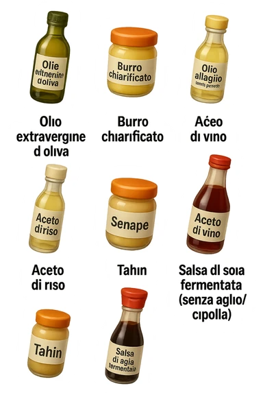emoji stile iphone 3d di questi elementi che fluttuano in aria sparsi casualmente:

Olio extravergine d’oliva, burro chiarificato
Olio all’aglio (senza pezzetti)
Aceto di vino, aceto di riso, senape, tahin
Salsa di soia fermentata (senza aglio/cipolla)


 che fluttuano sparse casualmente in aria, le etichette dei prodotti scrivile in italiano, iperealistico 4k sticker