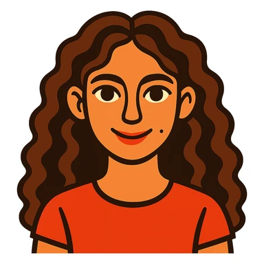 vibrant illustration of a girl with long curly brown hair (not too dark), intense dark brown eyes, clear skin (neither pale nor tan), mole on right cheek, loving expression sticker