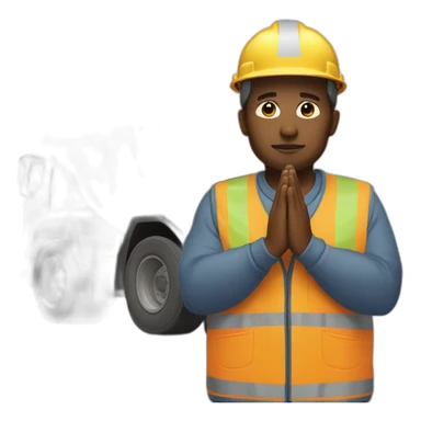 construction worker with hands in prayer standing directly in front of a DUMP TRUCK sticker