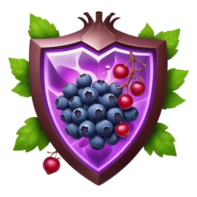 Blueberries, pomegranate, purple grapes, dark chocolate, and green tea leaves floating in a bright purple vortex. A glowing shield surrounds cells, dissolving dark shadow particles representing free radicals. The protective light extends throughout the body, showing antioxidants' protective effects. sticker