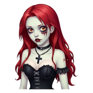 uma garota zumbi com o cabelo longo e vermelho vestindo um espartilho todo preto, com um colar de cruz sticker