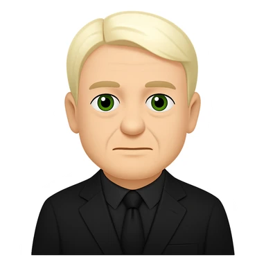 Create an emoji style image of Draco Malfoy at 50 years old, wearing a black suit. Keep the background transparent. The style should resemble classic emoji aesthetics with clear, simple features and vibrant colors. sticker