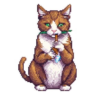 Make the cigar lit and the cat smoking with visible smoke in pixel art style with transparent background. sticker