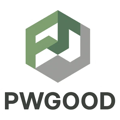geometric logo for 'pwgood' with stylized 'pw' monogram, green and gray palette sticker