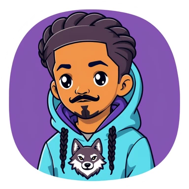 Short black boy with long braids a stache and goatee wearing a galaxy wolf hoodie sticker